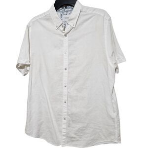 Denim and Flower Linen Shirt Size Large White Short Sleeves Front Button